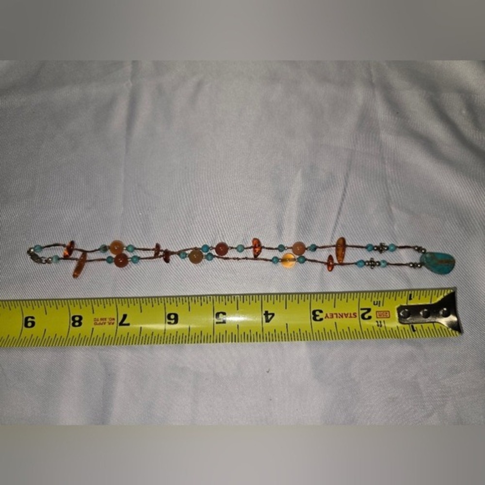Treska Turquoise Orange Gemstone Beaded Necklace Copper Tone Boho Jewelry - Picture 5 of 7